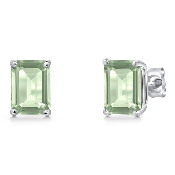 Gem Stone King 14K White Gold Green Prasiolite Stud Basket Setting Earrings | 3.00 Cttw | Gemstone Birthstone | Emerald Cut 8X6MM | Double Notch | Gold Earrings for Women Men