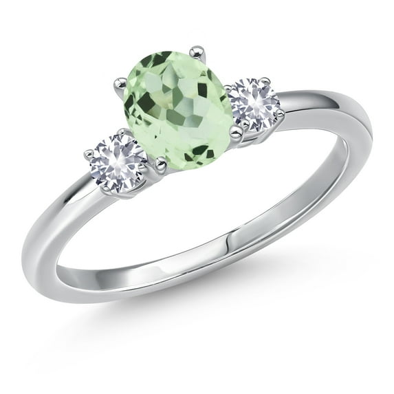 Gem Stone King 14K White Gold Green Prasiolite and White Created Sapphire Engagement Ring for Women | 1.01 Cttw | Oval 7X5MM | Gemstone Birthstone | Size 6