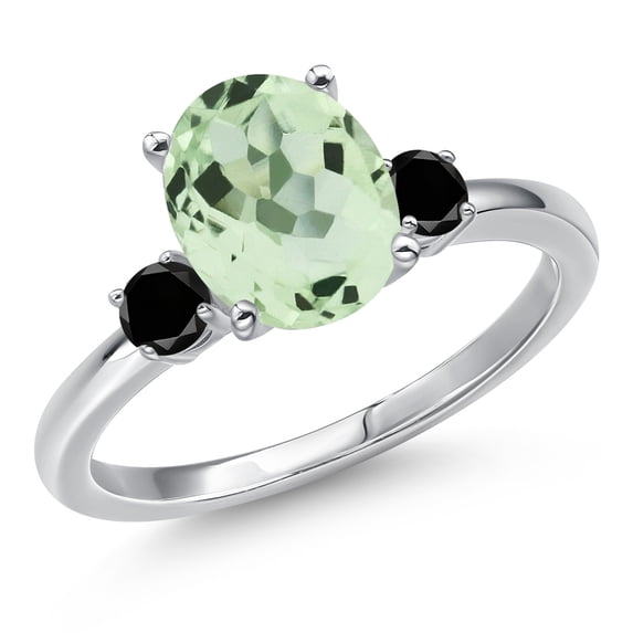 Gem Stone King 14K White Gold Green Prasiolite and Black Diamond Engagement Ring for Women | 2.60 Cttw | Oval 10X8MM | Gemstone Birthstone | Size 6