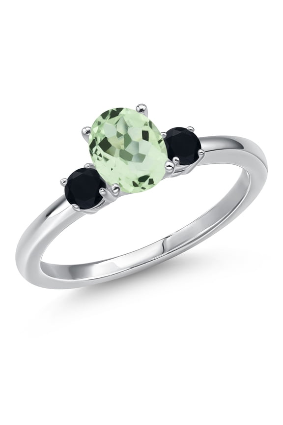 14K White Gold Green Prasiolite and Black Onyx Engagement Ring for Women | 0.95 Cttw | Oval 7X5MM | Gemstone Birthstone | Size 5