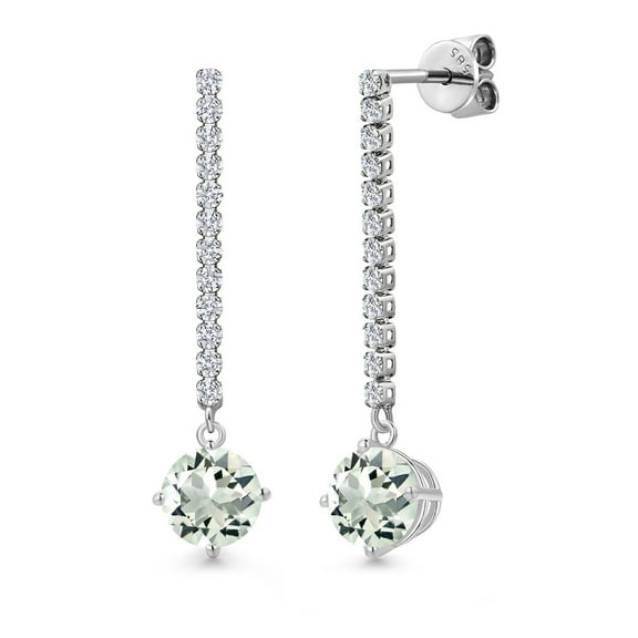 Gem Stone King 14K White Gold Green Prasiolite and Lab Grown Diamond Dangle Earrings for Women | 1.96 Cttw | Gemstone Birthstone | Round 6MM
