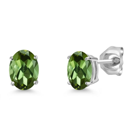 Gem Stone King 14K White Gold Green Tourmaline Double Notch Stud Earrings | 1.40 Cttw | Gemstone October Birthstone | Oval 7X5MM | Gold Earrings for Women Men