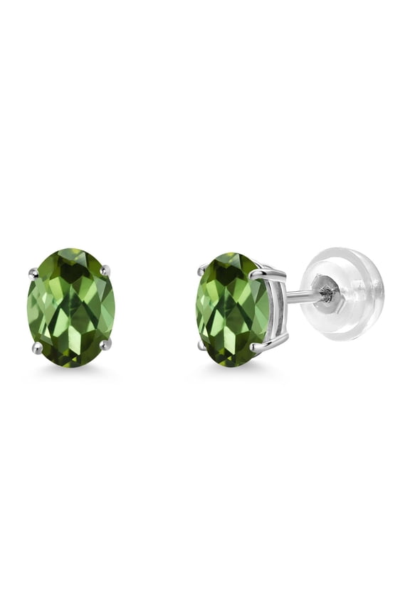 14K White Gold Green Tourmaline Stud Basket Setting Earrings for Women Men (1.40 Cttw, Gemstone October Birthstone, Oval 7X5MM)