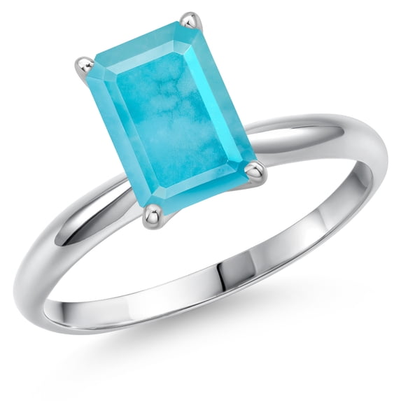 Gem Stone King 14K White Gold Green Turquoise Solitaire Engagement Ring for Women | 2.30 Cttw | Emerald Cut 10X8MM | Gemstone Birthstone | Size 5