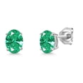 thumbnail image 1 of Gem Stone King 14K White Gold Green Zirconia Double Notch Stud Earrings | 1.52 Cttw | Gemstone Birthstone | Oval 7X5MM | Gold Earrings for Women Men, 1 of 6