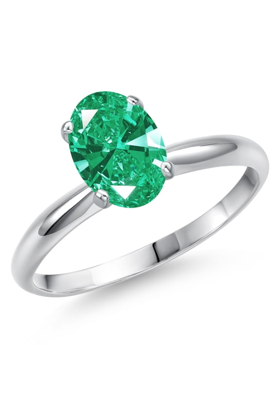 14K White Gold Green Zirconia Solitaire Engagement Ring for Women | 1.21 Cttw | Oval 8X6MM | Gemstone Birthstone | Size 8