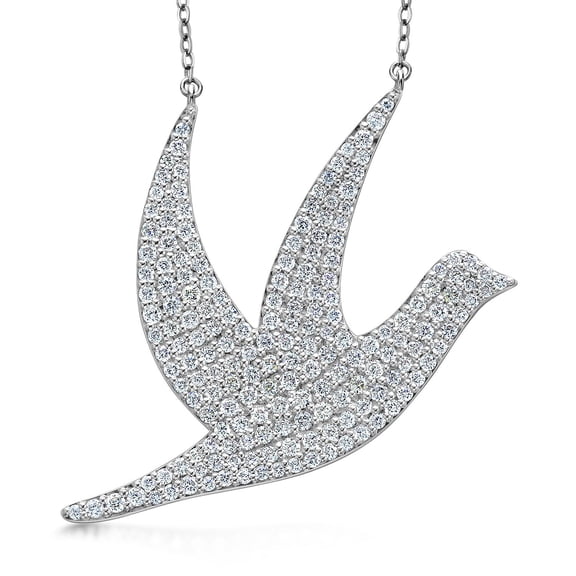 Gem Stone King 14K White Gold Hope Dove Lab Grown Diamond Pendant Necklace for Women Pave Setting limited Edition | 0.90 Cttw | By Keren Hanan | 30MM With 18 inch Gold Chain