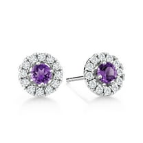 Gem Stone King 14K White Gold Lab Grown Diamond Halo Stud Earrings 0.61 Ct Round Purple Amethyst
