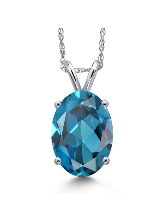 14K White Gold London Blue Topaz Pendant Necklace for Women | 3.00 Cttw | Gemstone November Birthstone | Oval 10X8MM | With 18 inch Chain