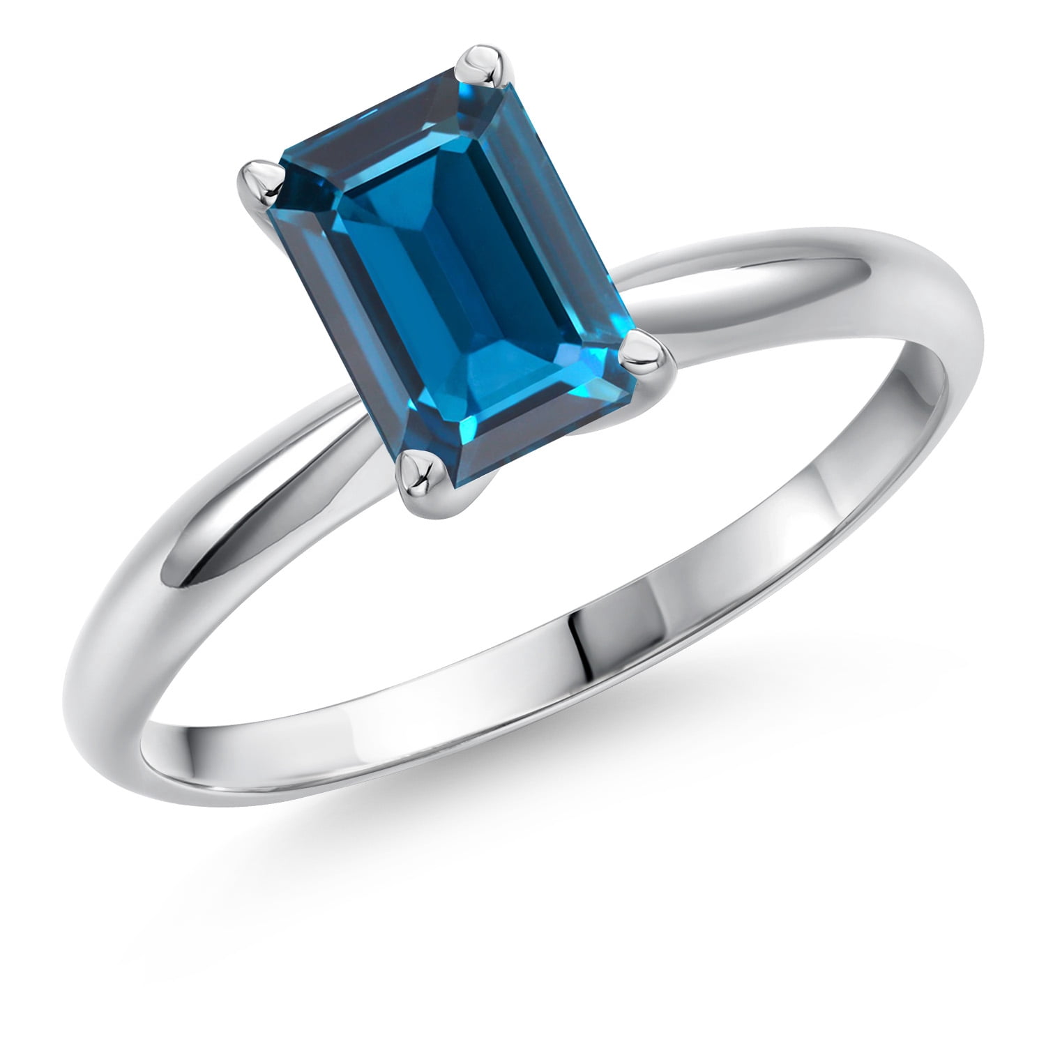 Gem Stone King 14K White Gold London Blue Topaz Solitaire Engagement Ring for Women | 1.98 Cttw | Emerald Cut 8X6MM | Gemstone November Birthstone | Size 7
