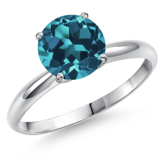 Gem Stone King 14K White Gold London Blue Topaz Solitaire Engagement Ring for Women | 2.50 Cttw | Round 8MM | Gemstone November Birthstone | Size 5