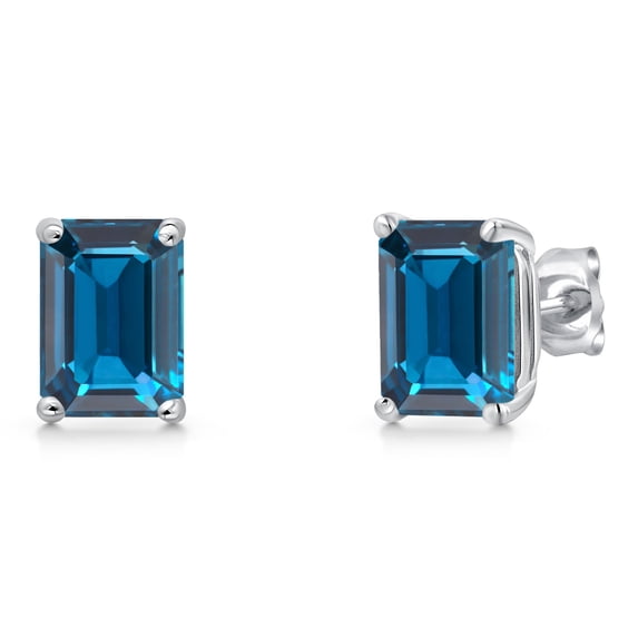 Gem Stone King 14K White Gold London Blue Topaz Stud Basket Setting Earrings | 3.97 Cttw | Gemstone November Birthstone | Emerald Cut 8X6MM | Double Notch | Gold Earrings for Women Men