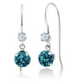 thumbnail image 1 of Gem Stone King 14K White Gold London Blue Topaz and White Created Sapphire French Wire Dangle Hook Earrings for Women (1.10 Cttw, Gemstone November Birthstone, Round 5MM and 2.5MM), 1 of 2