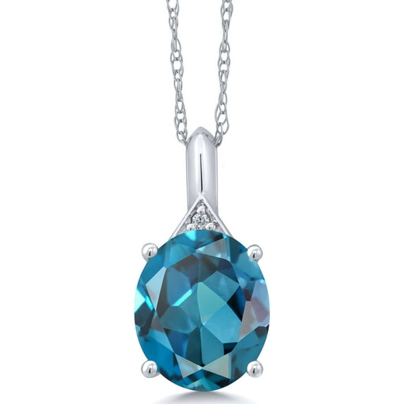 Gem Stone King 14K White Gold London Blue Topaz and White Diamond Pendant Necklace for Women (5.22 Cttw, Gemstone Birthstone, Oval 12X10MM, with 18 inch Chain)