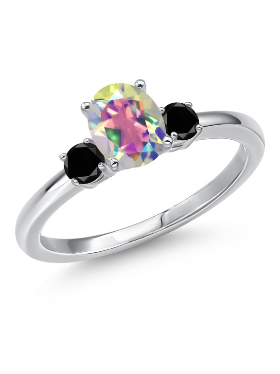 14K White Gold Mercury Mist Mystic Topaz and Black Diamond Engagement Ring for Women | 1.20 Cttw | Oval 7X5MM | Gemstone November Birthstone | Size 6