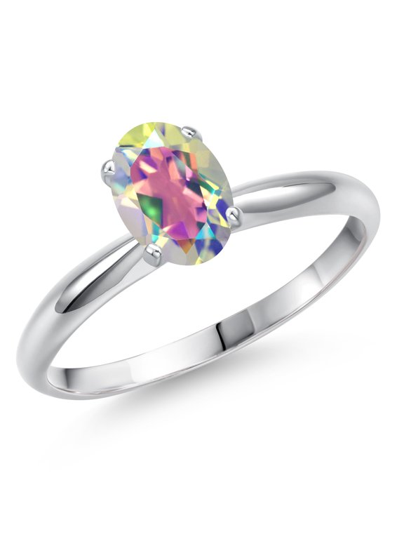 14K White Gold Mercury Mist Mystic Topaz Solitaire Engagement Ring for Women | 1.00 Cttw | Oval 7X5MM | Gemstone November Birthstone | Wedding Anniversary Promise Ring | Size 6