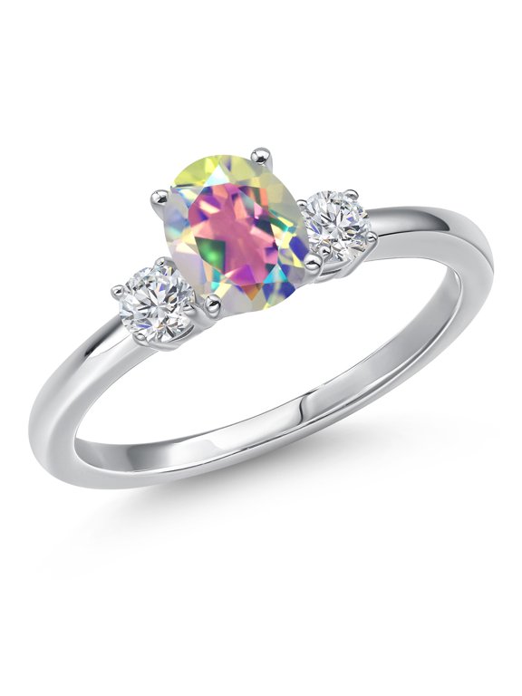 14K White Gold Mercury Mist Mystic Topaz and White Lab Grown Diamond Engagement Ring for Women | 1.20 Cttw | Oval 7X5MM | Gemstone November Birthstone | Size 5