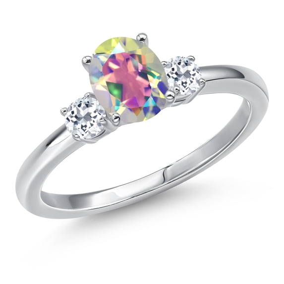 Gem Stone King 14K White Gold Mercury Mist Mystic Topaz and White Topaz Engagement Ring for Women | 1.28 Cttw | Oval 7X5MM | Gemstone November Birthstone | Size 5