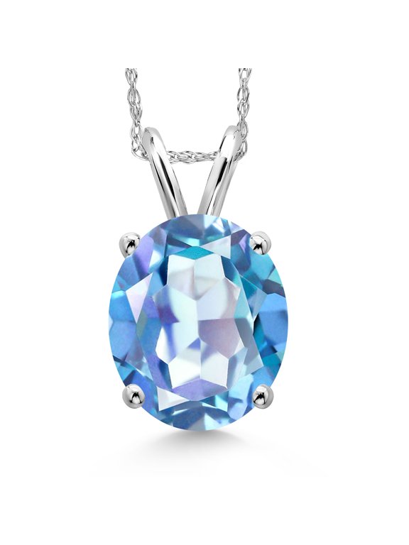 14K White Gold Millennium Blue Mystic Quartz Pendant Necklace for Women | 4.00 Cttw | Gemstone Birthstone | Oval 12X10MM | With 18 inch Chain