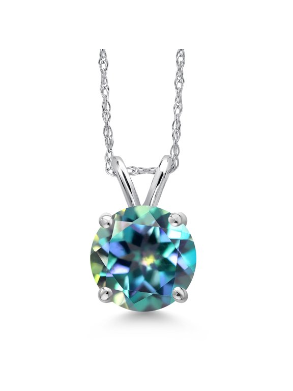 14K White Gold Millennium Blue Mystic Topaz Pendant Necklace for Women | 2.00 Cttw | Gemstone November Birthstone | Round 8MM | With 18 inch Chain