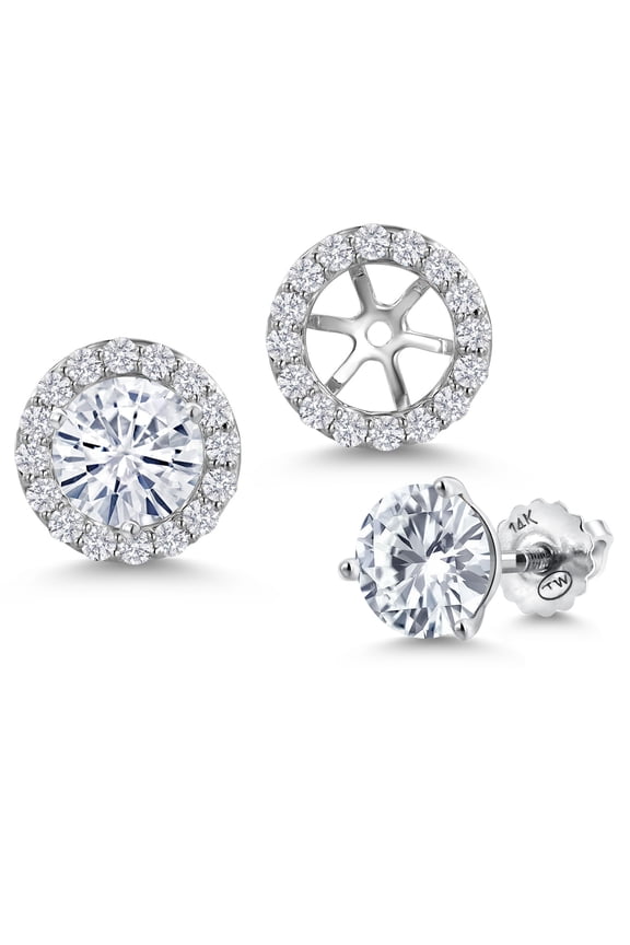 14K White Gold Moissanite and Lab Grown Diamond Martini 3 Prong Secure Screw-Backs Stud Earrings for Women with Removable Jackets | 2.08 Cttw | Round 6MM