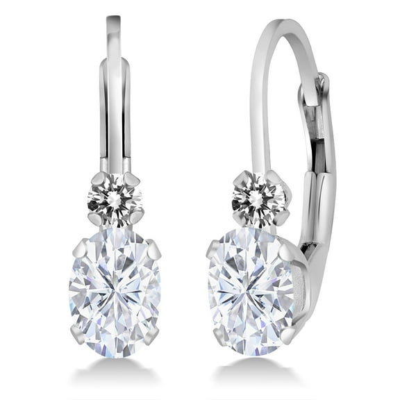 Gem Stone King 14K White Gold Moissanite and White Diamond Leverback Earrings for Women | 1.07 Cttw | Gemstone | Oval 6X4MM | Round 2MM | 3/4 inch