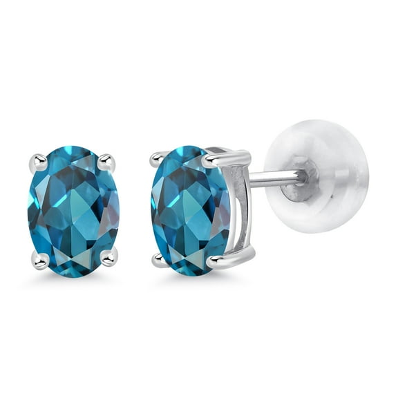 Gem Stone King 14K White Gold Oval London Blue Topaz Stud Earrings for Women Men (1.00 Cttw, Gemstone November Birthstone, Oval 6X4MM)