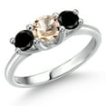 thumbnail image 1 of Gem Stone King 14K White Gold Peach Morganite & Black Diamond 3-Stone Engagement Ring | 0.94 Cttw | Round 5MM and 4MM | Three Stone Wedding Anniversary Promise Ring for Women (Size 5), 1 of 6