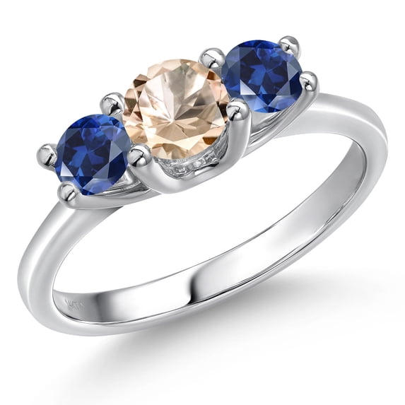 Gem Stone King 14K White Gold Peach Morganite & Blue Created Sapphire 3-Stone Engagement Ring | 0.90 Cttw | Round 5MM and 4MM | Three Stone Wedding Anniversary Promise Ring for Women (Size 8)
