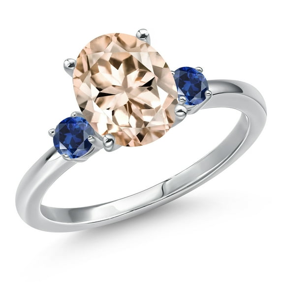 Gem Stone King 14K White Gold Peach Morganite and Blue Created Sapphire Engagement Ring for Women | 2.28 Cttw | Oval 10X8MM | Gemstone October Birthstone | Size 9