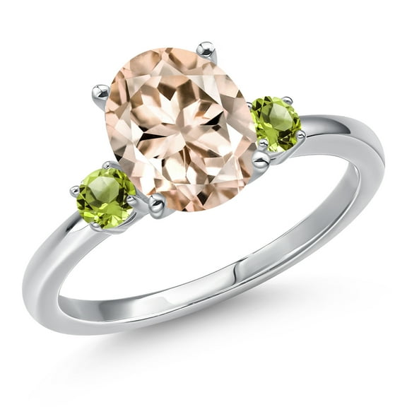 Gem Stone King 14K White Gold Peach Morganite and Green Peridot Engagement Ring for Women | 2.24 Cttw | Oval 10X8MM | Gemstone October Birthstone | Size 8
