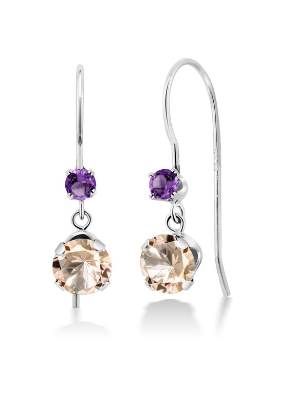 14K White Gold Peach Morganite and Purple Amethyst French Wire Dangle Hook Earrings for Women (0.92 Cttw, Gemstone October Birthstone, Round 5MM and 2.5MM)