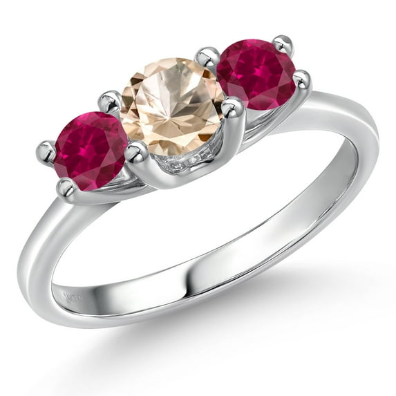 Gem Stone King 14K White Gold Peach Morganite & Red Created Ruby 3-Stone Engagement Ring | 0.90 Cttw | Round 5MM and 4MM | Three Stone Wedding Anniversary Promise Ring for Women (Size 6)