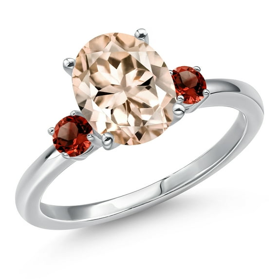 Gem Stone King 14K White Gold Peach Morganite and Red Garnet Engagement Ring for Women | 2.30 Cttw | Oval 10X8MM | Gemstone October Birthstone | Size 7