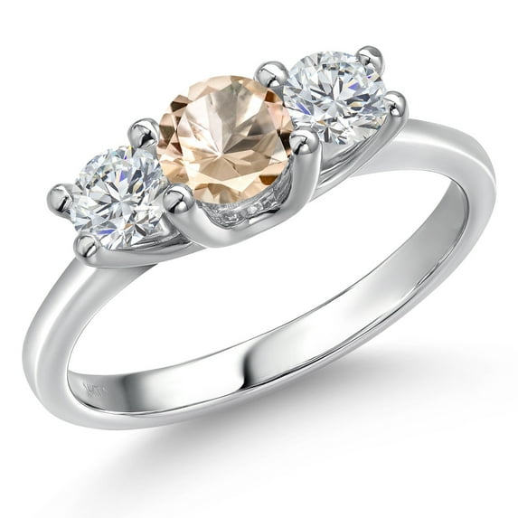 Gem Stone King 14K White Gold Peach Morganite & White Lab Grown Diamond 3-Stone Engagement Ring | 0.94 Cttw | Round 5MM and 4MM | Three Stone Wedding Anniversary Promise Ring for Women (Size 9)