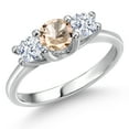 thumbnail image 1 of Gem Stone King 14K White Gold Peach Morganite & White Zirconia 3-Stone Engagement Ring | 0.90 Cttw | Round 5MM and 4MM | Three Stone Wedding Anniversary Promise Ring for Women (Size 8), 1 of 6