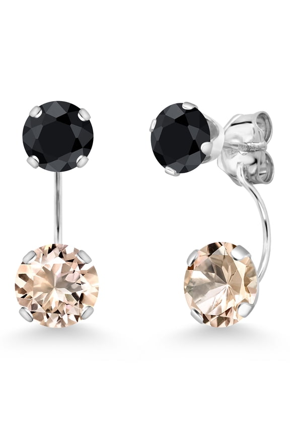 14K White Gold Peach Morganite and Black Sapphire Stud Earrings for Women | 2.58 Cttw | Gemstone October Birthstone | Round 6MM