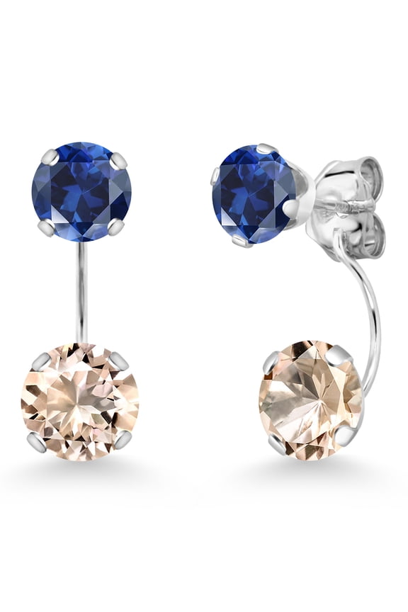 14K White Gold Peach Morganite and Blue Created Sapphire Stud Earrings for Women | 2.40 Cttw | Gemstone October Birthstone | Round 6MM