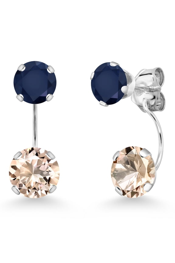 14K White Gold Peach Morganite and Blue Sapphire Stud Earrings for Women | 2.40 Cttw | Gemstone October Birthstone | Round 6MM