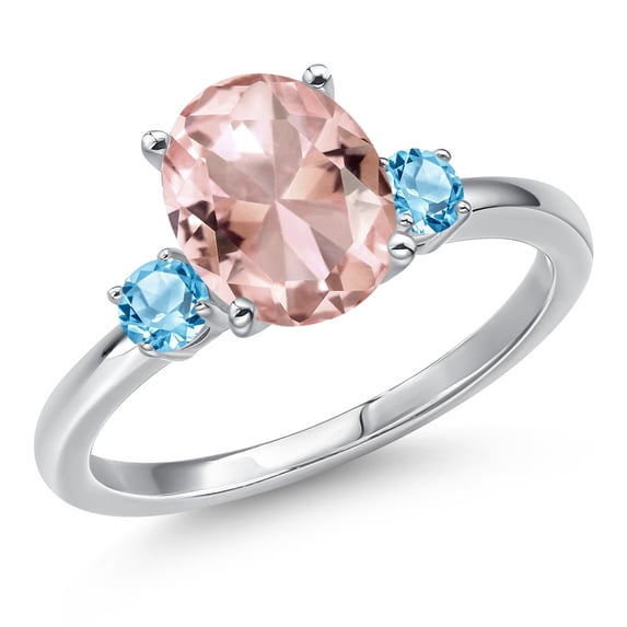 Gem Stone King 14K White Gold Peach Nano Morganite and Swiss Blue Topaz Engagement Ring for Women | 2.62 Cttw | Oval 10X8MM | Gemstone October Birthstone | Size 7