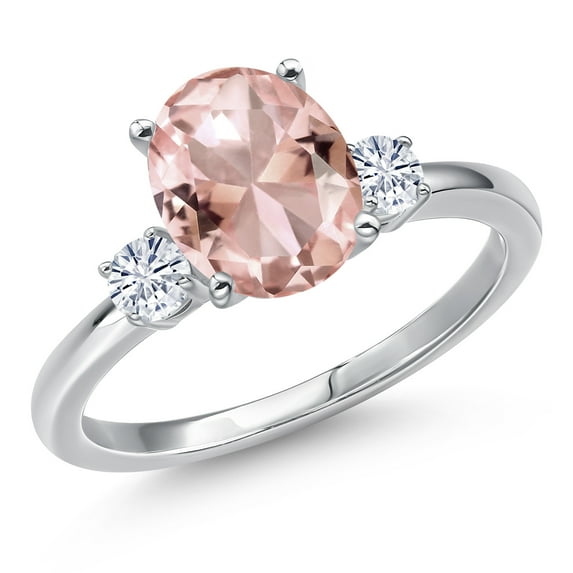 Gem Stone King 14K White Gold Peach Nano Morganite and White Moissanite Engagement Ring for Women | 2.52 Cttw | Oval 10X8MM | Gemstone October Birthstone | Size 7