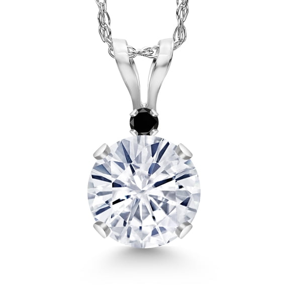 Gem Stone King 14K White Gold White Moissanite and Black Diamond Pendant Necklace for Women | 0.82 Cttw | Gemstone Birthstone | Round 6MM | With 18 inch Chain