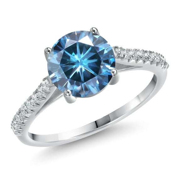 Gem Stone King 14K White Gold Persian Blue Moissanite and White Lab Grown Diamond Engagement Ring for Women | 2.16 Cttw | Round 8MM | Gemstone Birthstone | Size 9