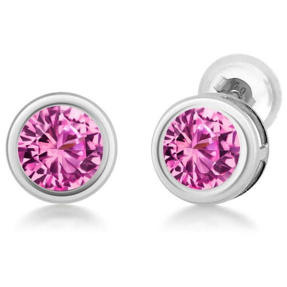 Gem Stone King 14K White Gold Pink Created Sapphire Stud Earrings for Women Men (1.10 Cttw, Gemstone September Birthstone, Round 5MM)