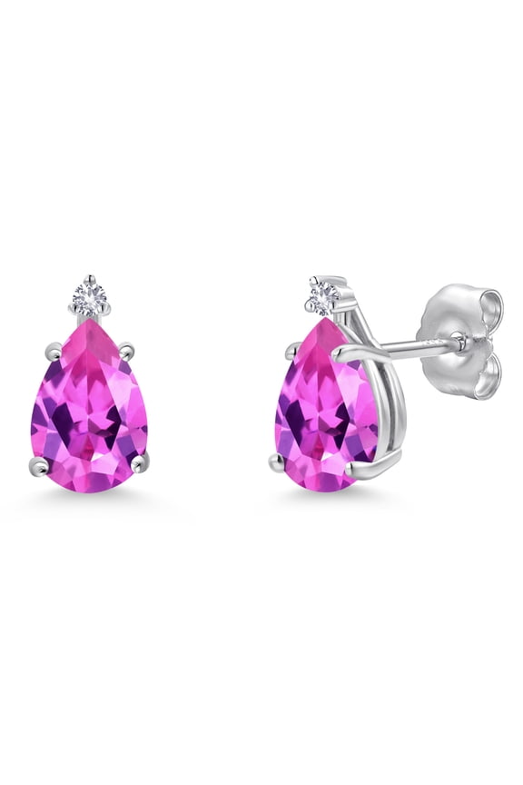 14K White Gold Pink Created Sapphire and White Created Sapphire Stud Earrings for Women | 2.02 Cttw | Gemstone September Birthstone | Pear Shape 8X5MM