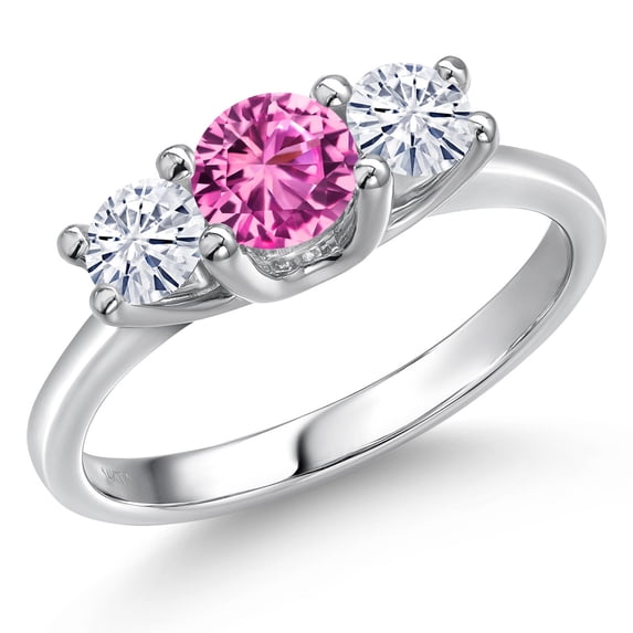 Gem Stone King 14K White Gold Pink Created Sapphire & White Moissanite 3-Stone Engagement Ring | 1.01 Cttw | Round 5MM and 4MM | Three Stone Wedding Anniversary Promise Ring for Women (Size 8)