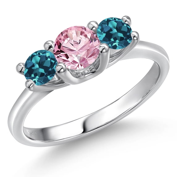 Gem Stone King 14K White Gold Pink Lab Grown Diamond & London Blue Topaz 3-Stone Engagement Ring | 1.16 Cttw | Round 5MM and 4MM | Three Stone Wedding Anniversary Promise Ring for Women (Size 6)