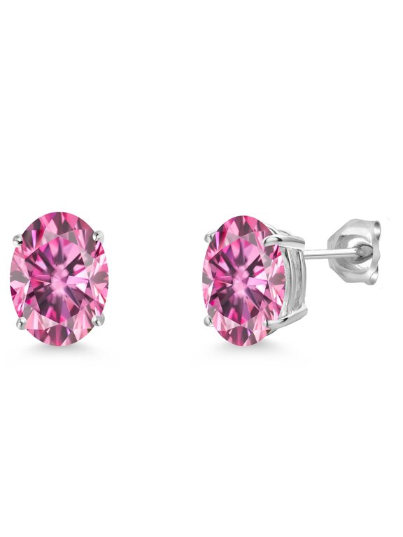 14K White Gold Pink Moissanite Double Notch Stud Earrings for Women Men | 4.00 Cttw | Gemstone Birthstone | Oval 9X7MM