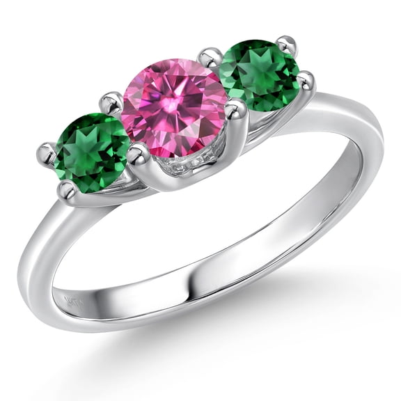 Gem Stone King 14K White Gold Pink Moissanite & Green Nano Emerald 3-Stone Engagement Ring | 1.10 Cttw | Round 5MM and 4MM | Three Stone Wedding Anniversary Promise Ring for Women (Size 7)