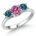 thumbnail image 1 of Gem Stone King 14K White Gold Pink Moissanite & London Blue Topaz 3-Stone Engagement Ring | 1.16 Cttw | Round 5MM and 4MM | Three Stone Wedding Anniversary Promise Ring for Women (Size 8), 1 of 6